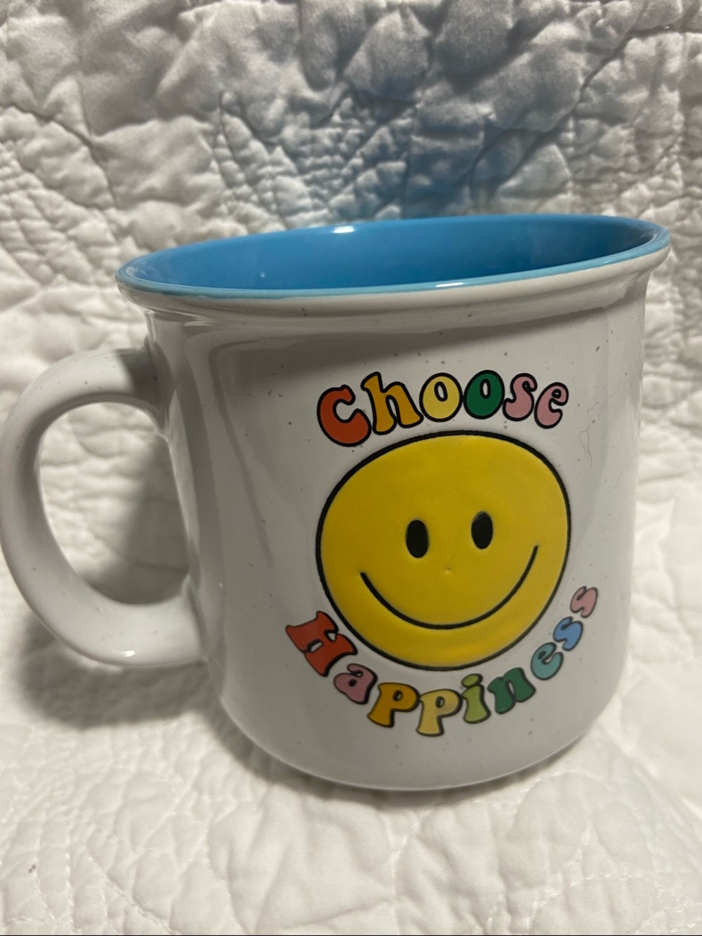 Market finds large ceramic 'Choose Happiness' Mug with Yellow Smiley